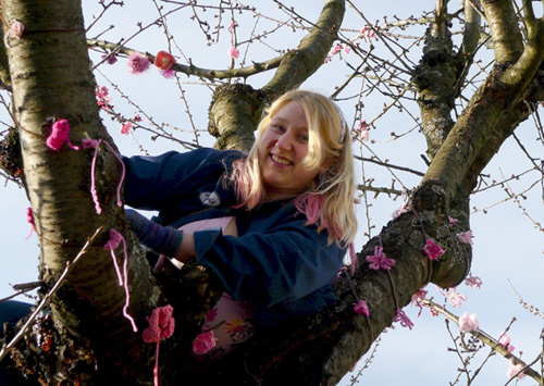 Me in the cherry tree, yarnbombing at Historic Joy Kogawa House